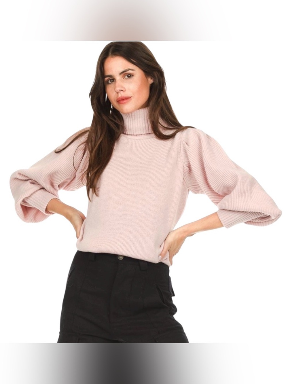 $495 NWT Magali Pascal Ambar Cashmere Wool Pink Puff Sleeve Turtleneck Sweater S